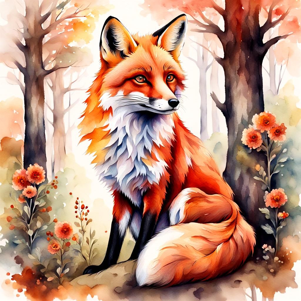 A portrait of a majestic fox sitting under a large oak tree deep in the forest. The fox's fur is painted ...  by @aslan