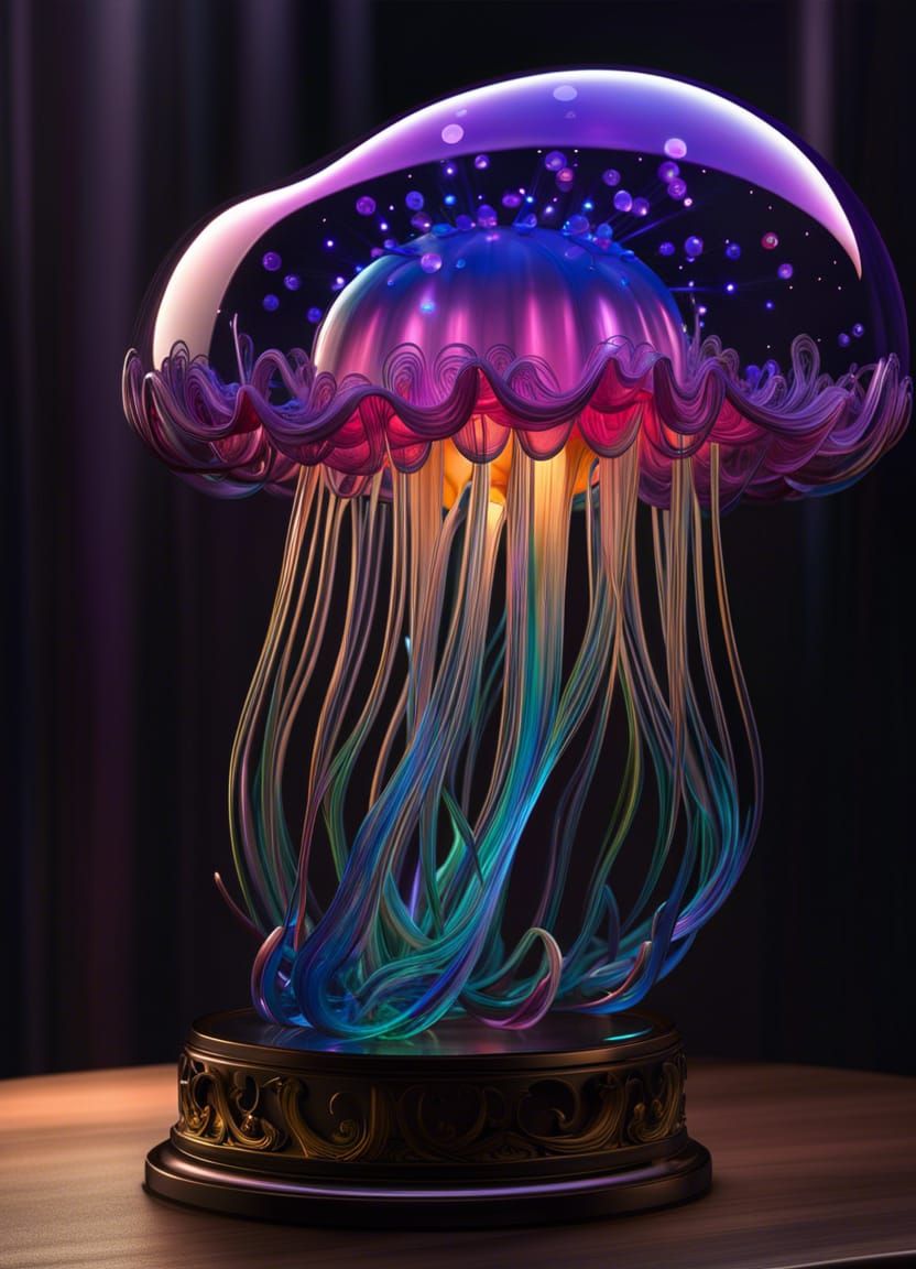 hand blown glass jellyfish statue glowing light, swirling glass colors, night room, intricate elaborate ...  by @Tek Noiz