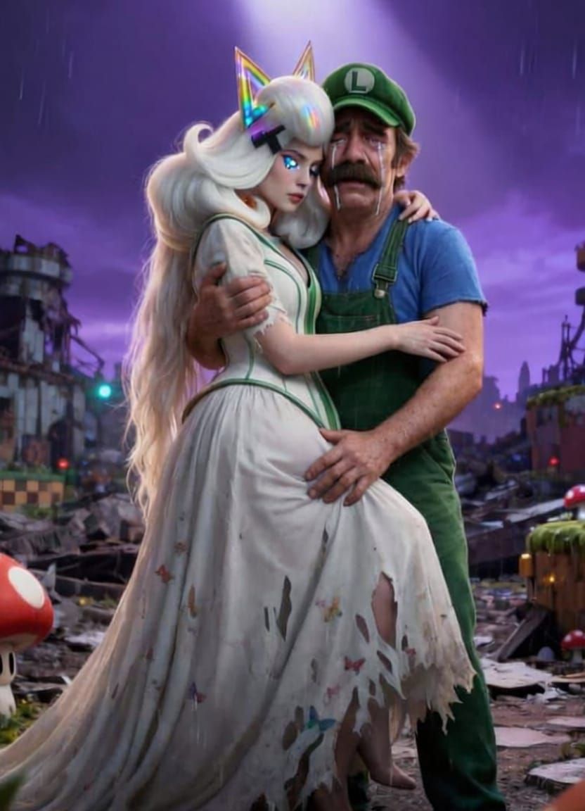 Live action Entire Full body perspective view Photorealistic handsome face of a model Luigi crying hugging his very pregnant wife Tippi/lady...