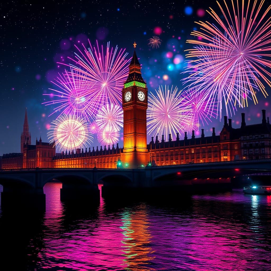 A kaleidoscope of vibrant fireworks exploding in the starry night sky above Big Ben in London, 2025, ...  by @Pinto