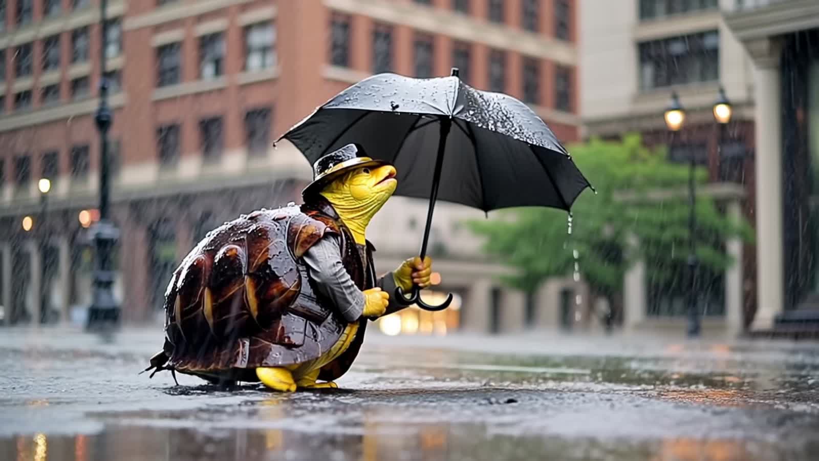 Stylish turtle dressed in posh suit is singing in the rain like in the movie scene “singing in the rain”.