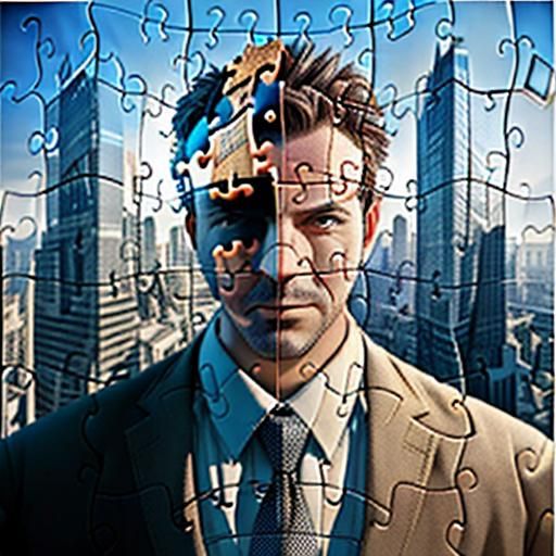 3D puzzle background cityscape depicting a man. Double expos...
