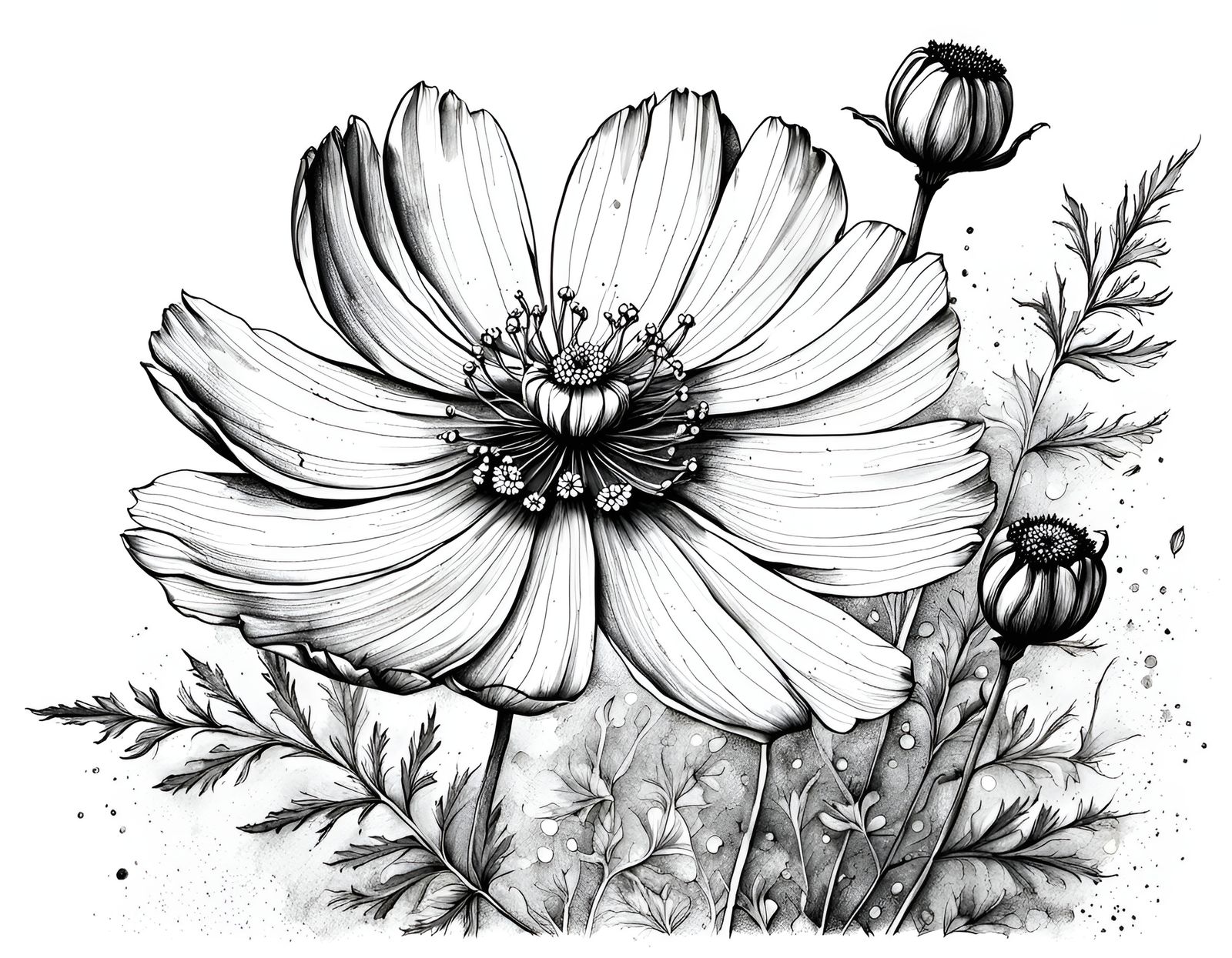 ink drawing, cosmos flower and leaves, botanical book illustration  by @tsahel