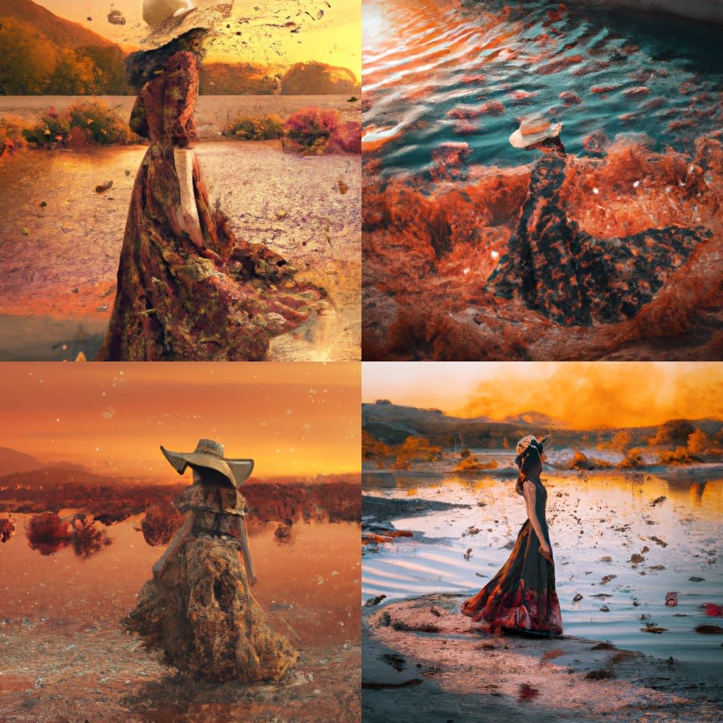 A girl in a sunset lake with a dark orange dress with texture of