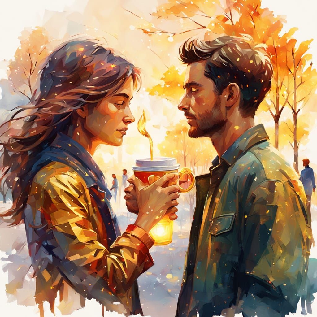 A couple walking in a park lined with sheets of metal, golden, sharing a warm drink at a cafe in the open air, in a cool night, harassed, un...