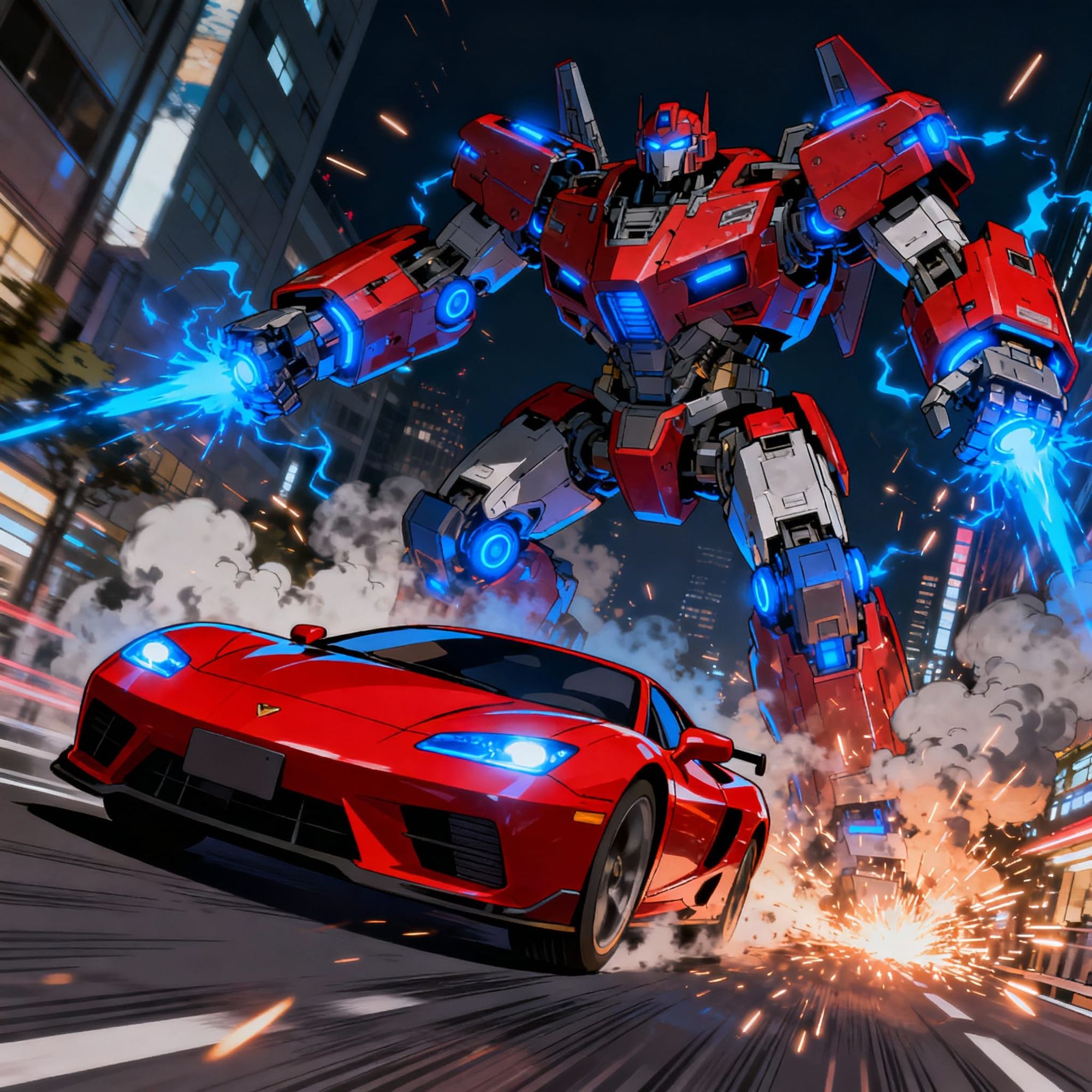 20-second VFX-heavy transformation. 
Old bus starts glowing red-hot, cracks appear with magma inside. 
Armor plates rise and lock into place...