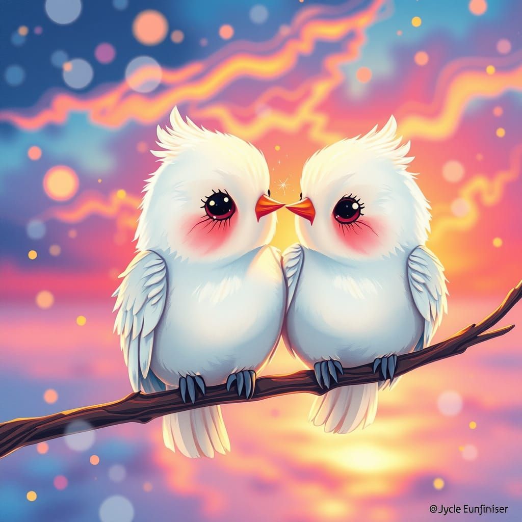 Whimsical Baby Doves in a Vibrant Sunset Scene, Chibi-Style