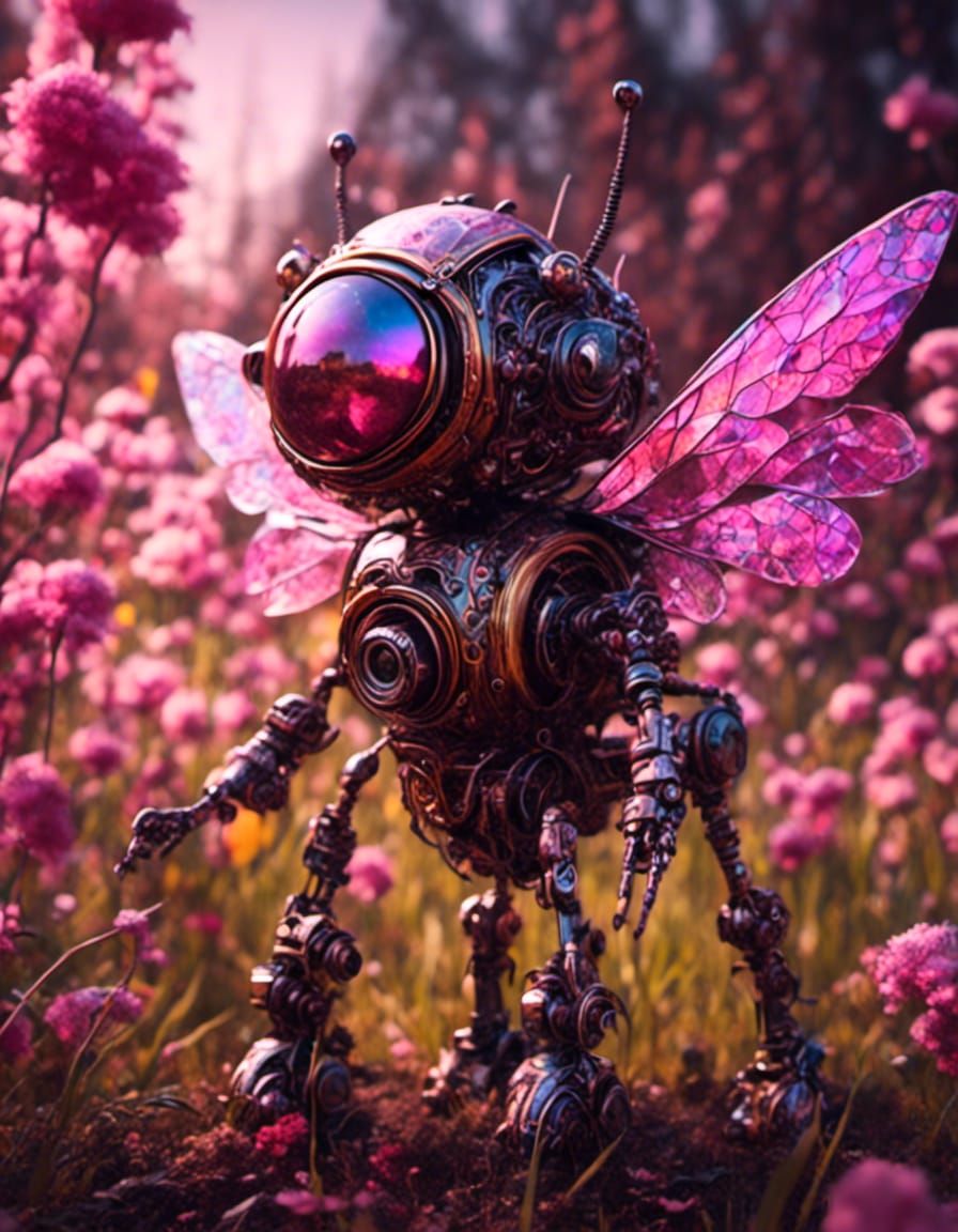 <lora:Mechanics:1.0><lora:Alien Complex:1.0> cute chibi bee robot, colorful ,made of wires and metal plaques, in the floating field of iride...
