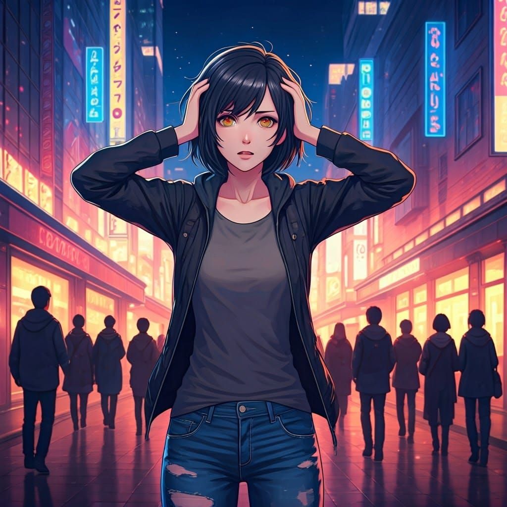 Anime Woman Overwhelmed by City Life in Neon Lit Dusk