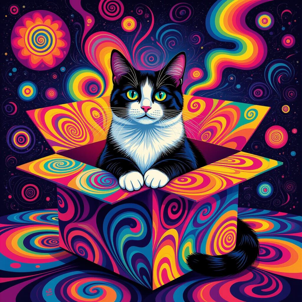 Psychedelic Cat in Swirling Box, Digital Art