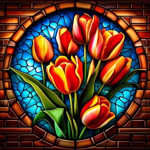 a brick wall with a stained glass window  by @NCC