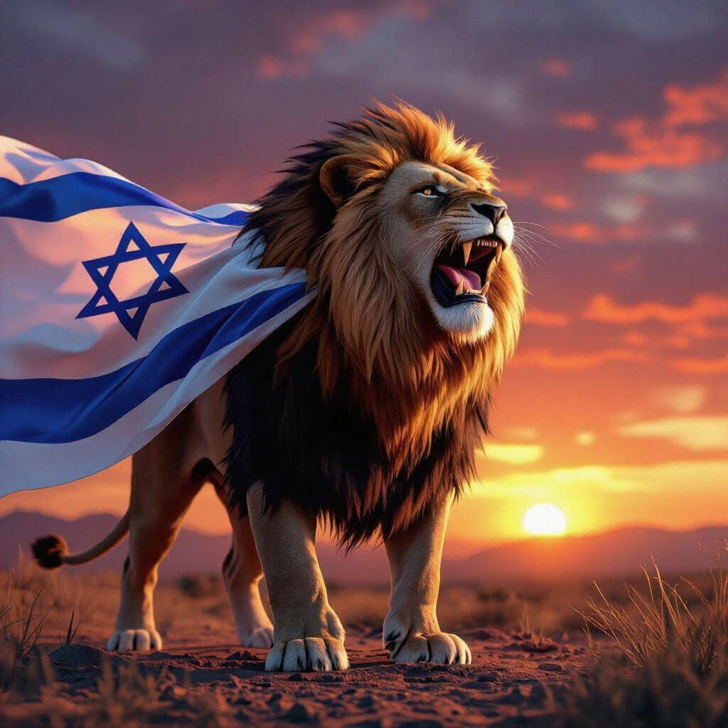 Lion with Israeli Flag Roaring at Sunset