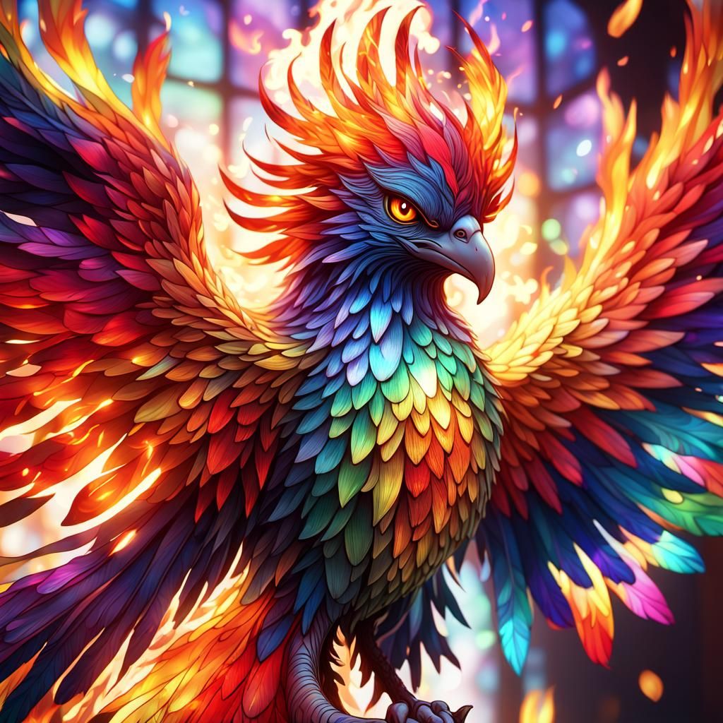a phoenix with full of rainbow theme colored fires burning at it's body  by @Baneshi