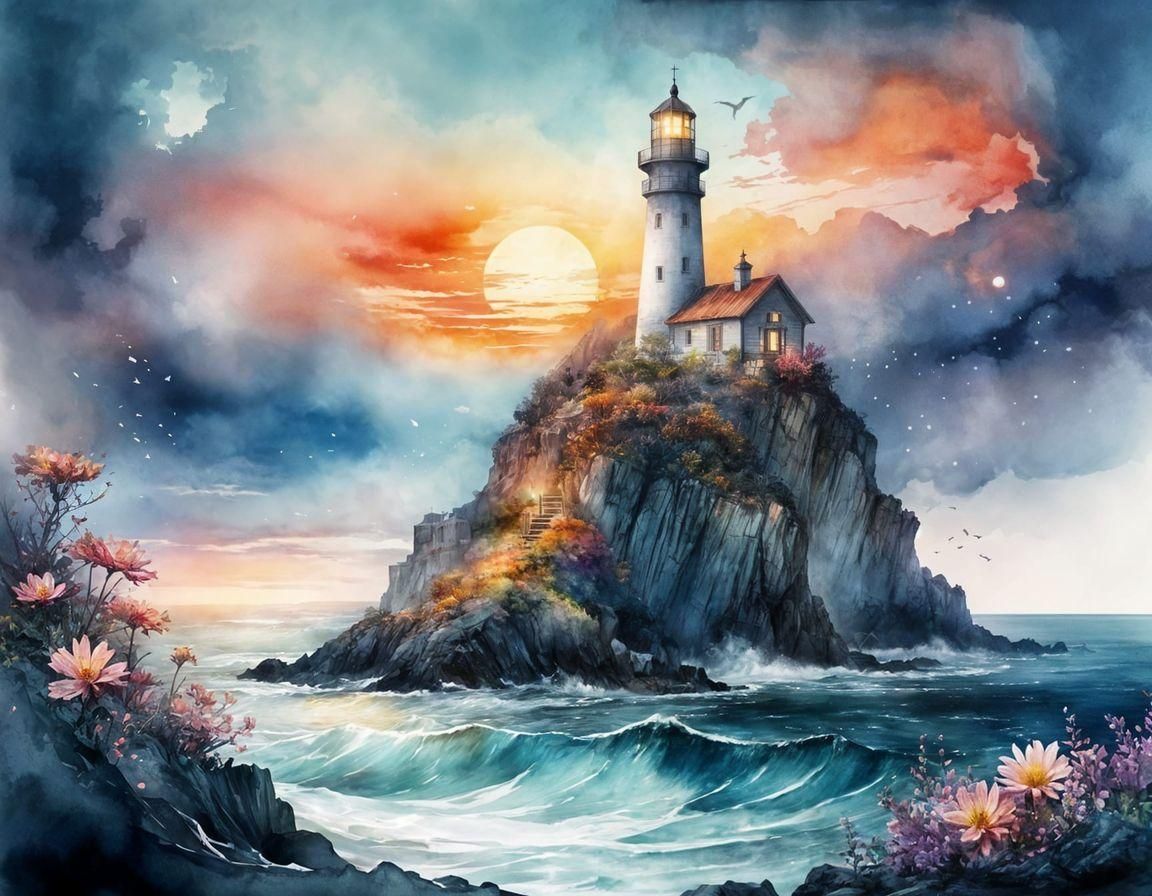 Watercolor lighthouse   by @Eva