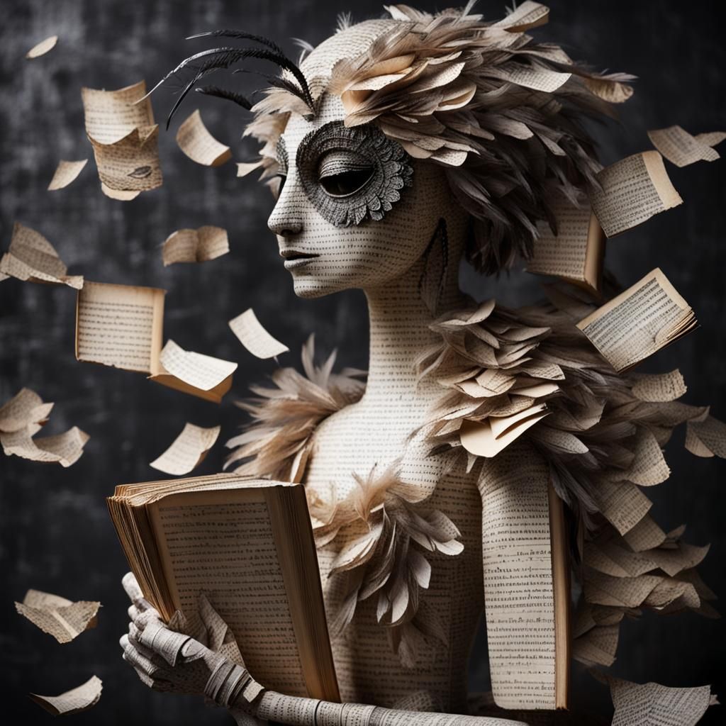 A female creature made of aged book pages and words, wearing...