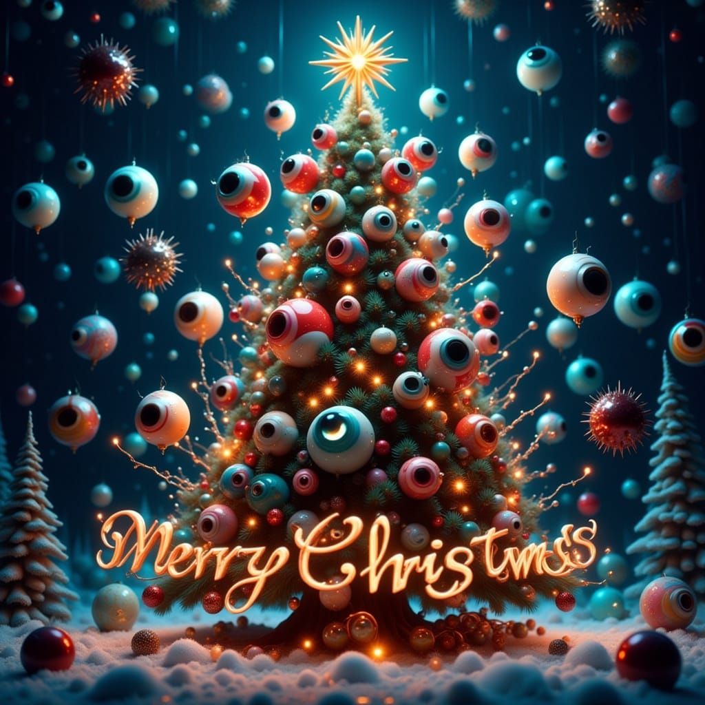 Whimsical Christmas Tree with Floating Eyeballs and Lights
