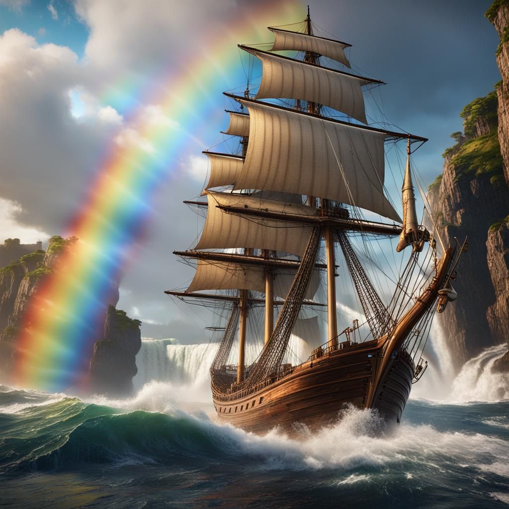 tall ship on rough seas with waterfall and rainbow