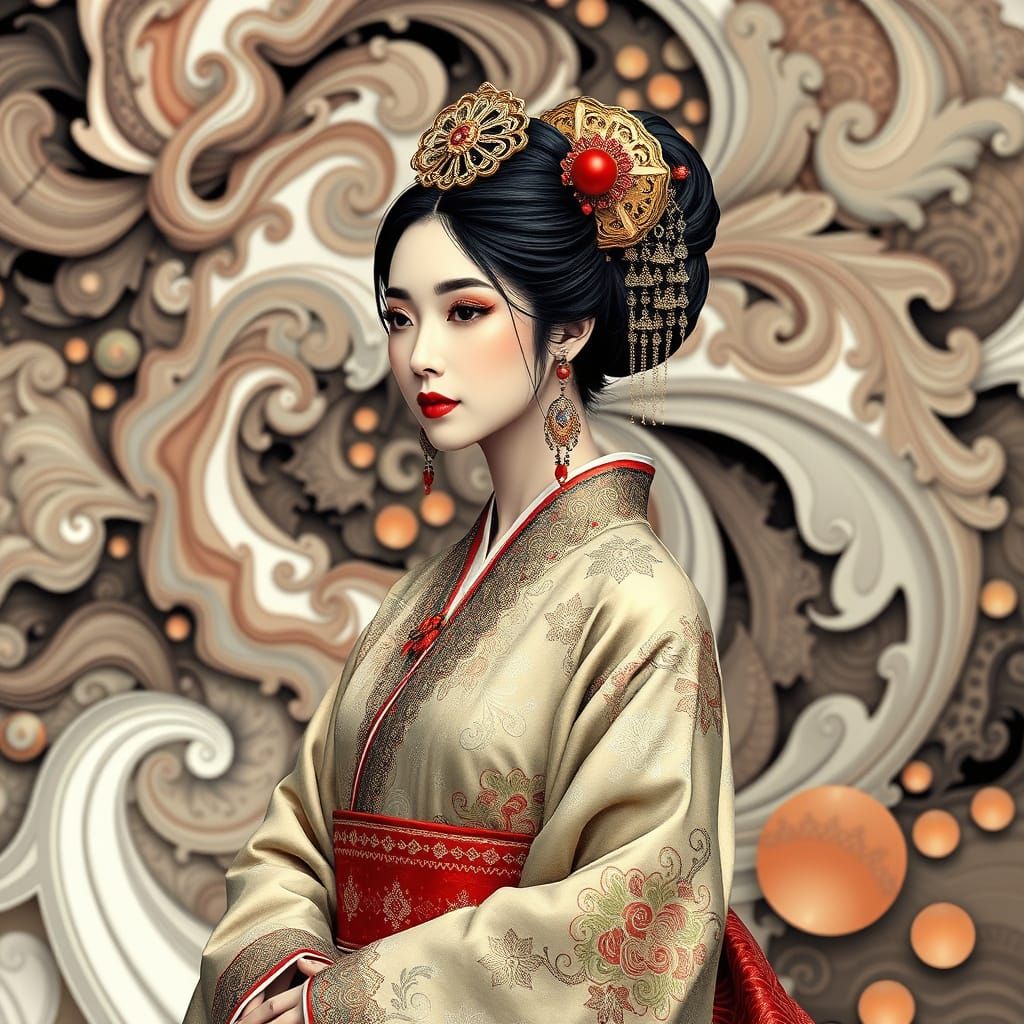 Elegant Gisaeng in Futuristic Hanbok Attire