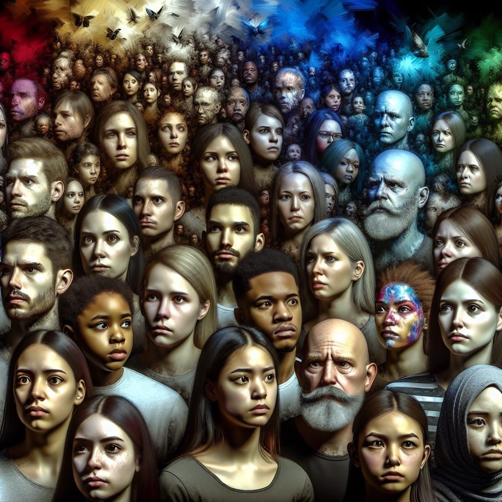 Croud of people staring at camera upset looking