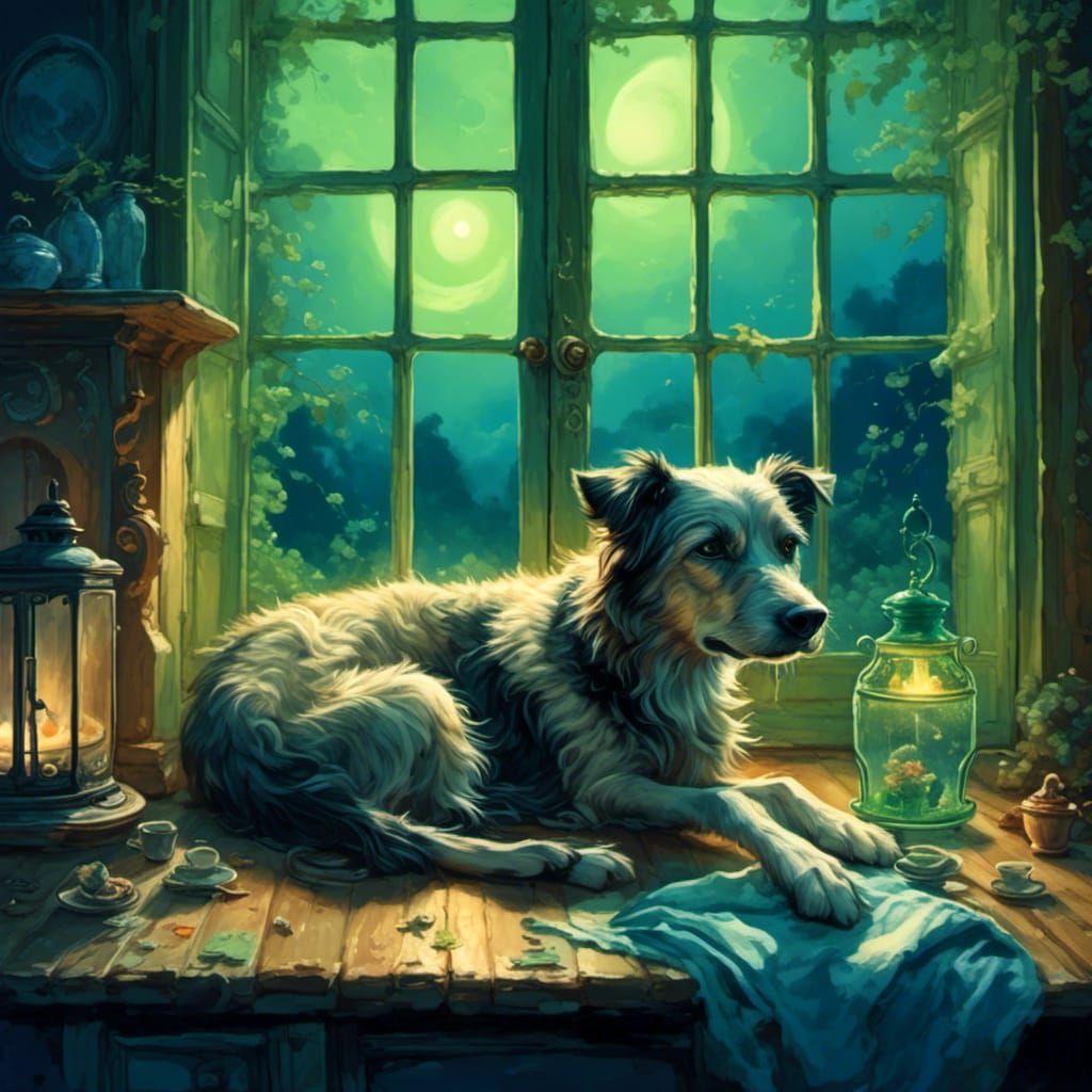 <lora:Level:1.0> A digital painting of a stray dog laying near an ivory stove. Head upon the table. Moonlit through the window. Ethereal li...