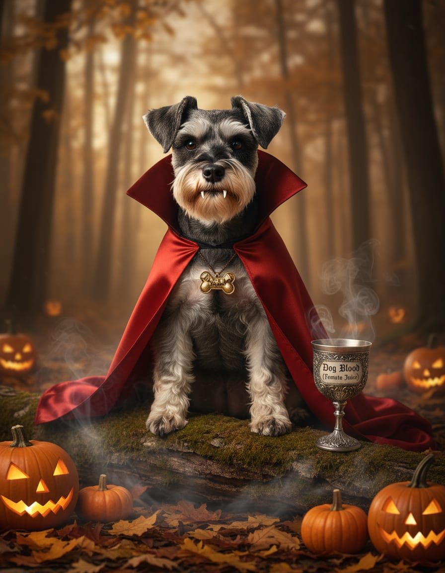 4:5 photorealistic Halloween portrait of a miniature schnauzer dressed as Count Barkula, the world’s smallest vampire. He wears a dramatic r...