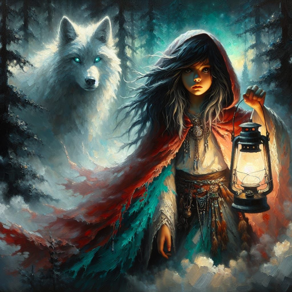 mystery girl with her mighty white wolf   by @Angelika