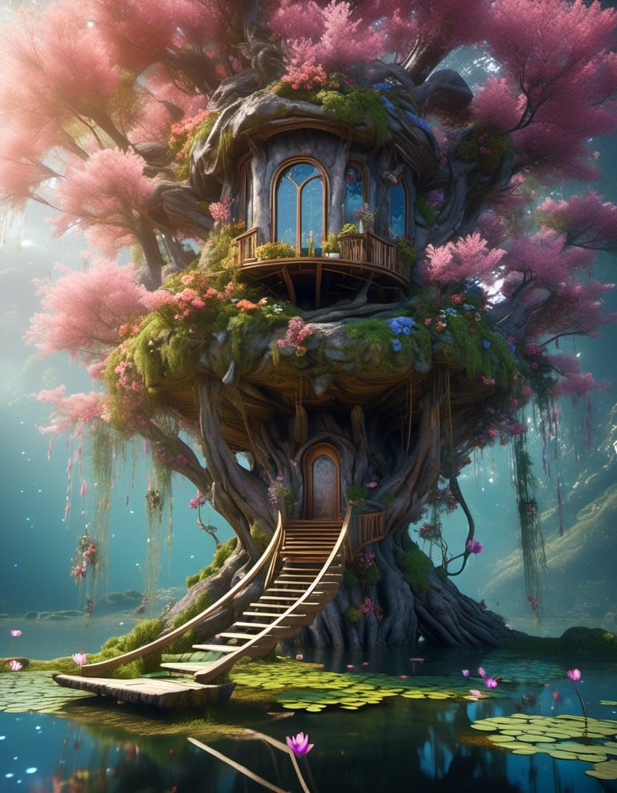 A small pond treehouse made of flowers and imagination, with the view of another universe in the reflection, eternity doors! <lora:Art of Ar...