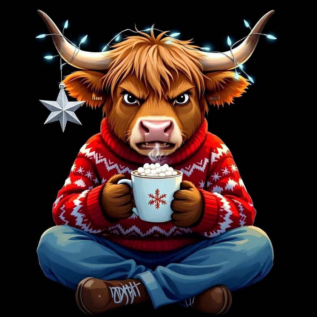 modern digital image of a grumpy highland cow in an ugly Christmas sweater. sitting with its legs crossed holding a steaming mug of hot coco...