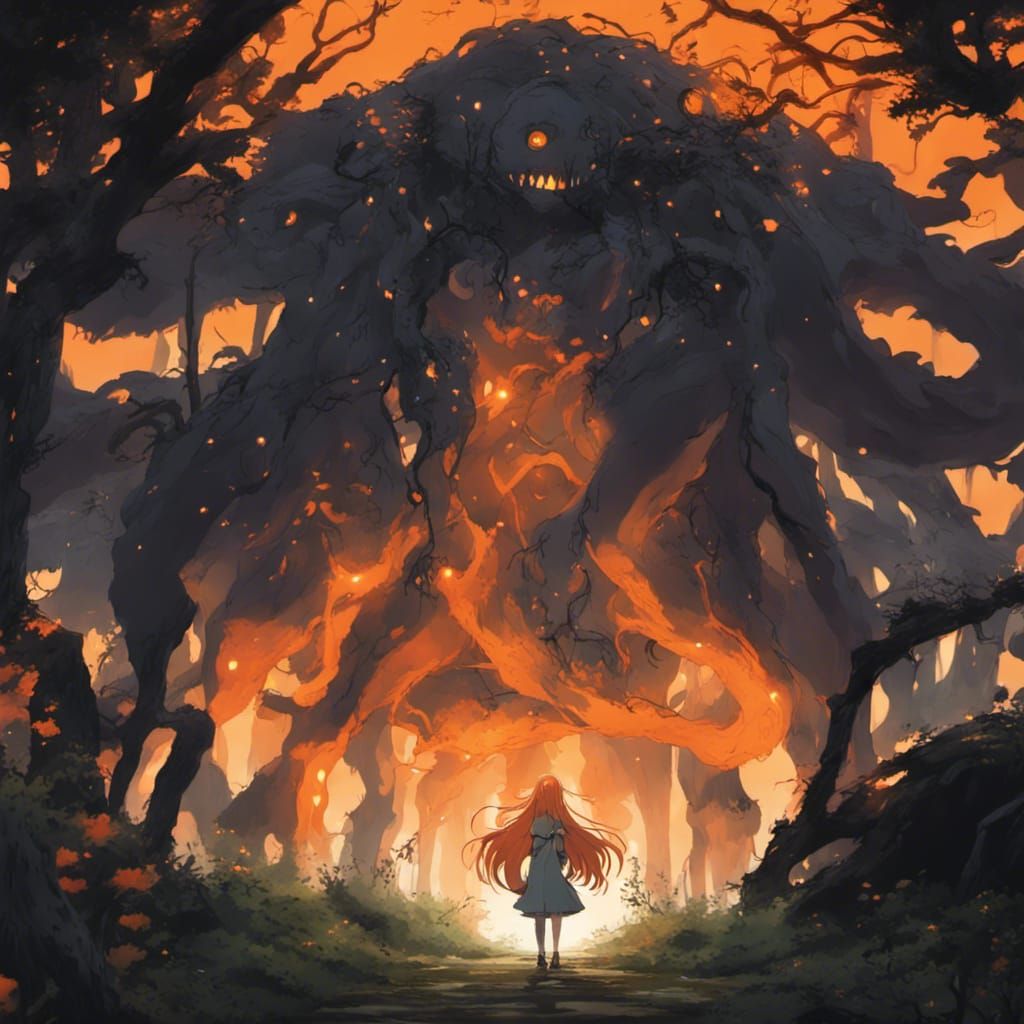 serious woman long bright orange hair fantasy saint with lar...