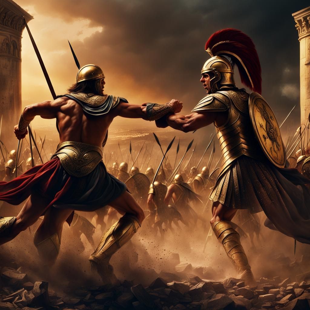 Achilles fights Hector before the walls of Troy