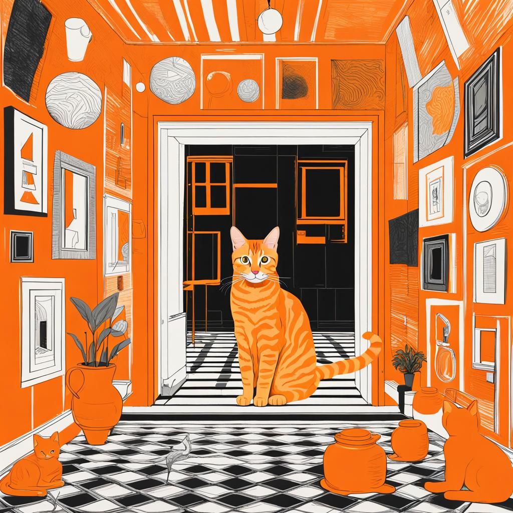 Orange tabby cat in a quirky room painted orange with orange...