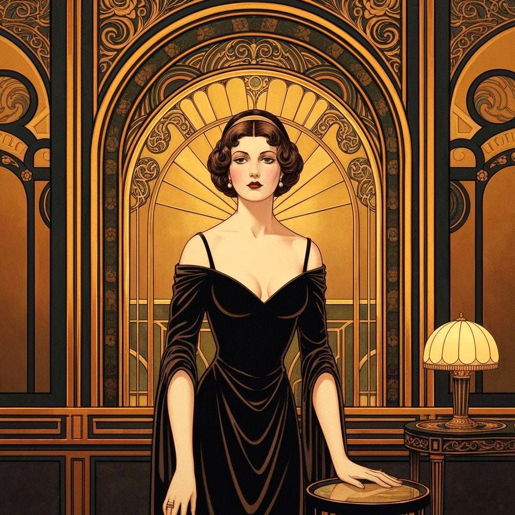 An art deco style masterpiece of an elegant lady in the 1900s inside of a high class club

