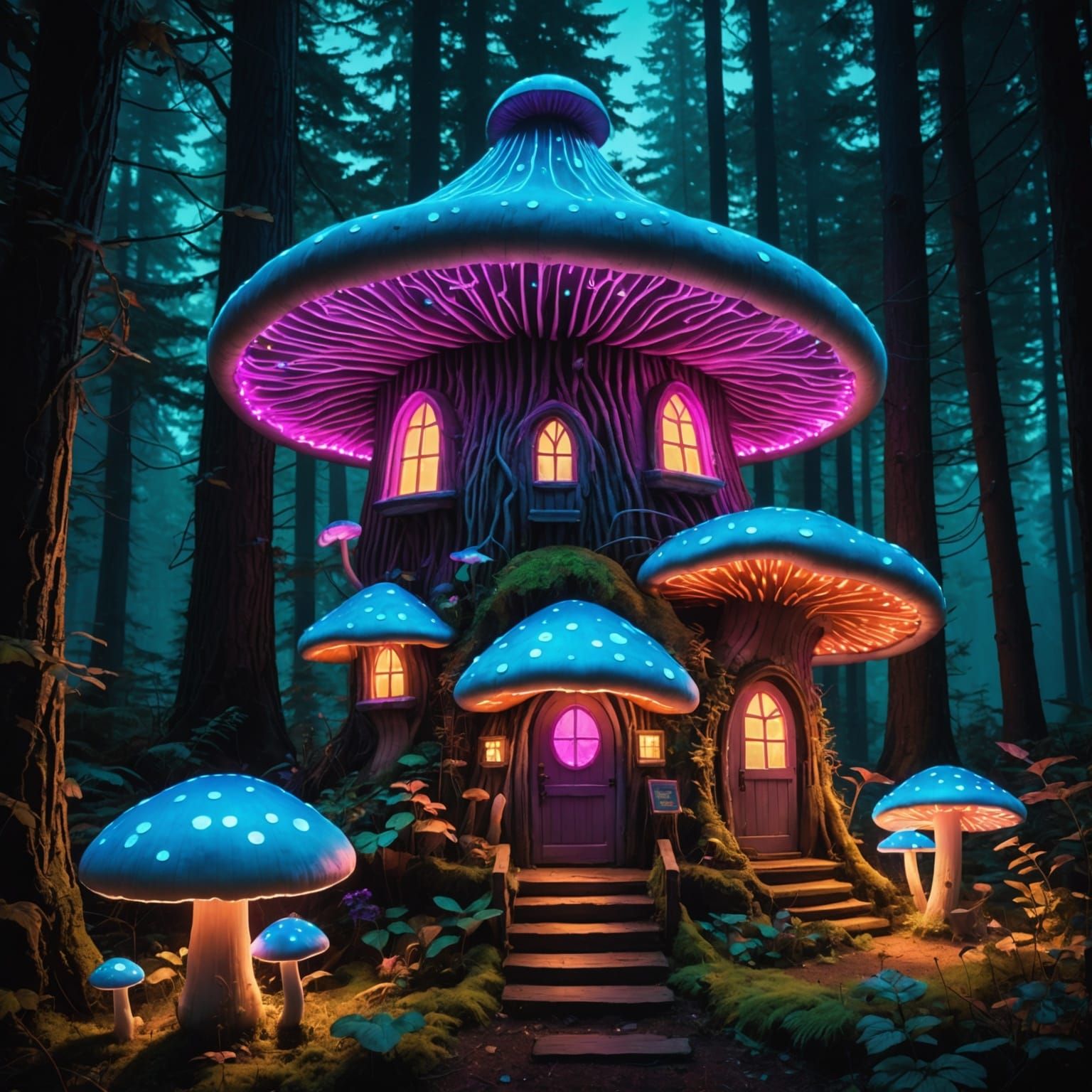 A neon fairy mushroom house in an enchanted bioluminescent f...
