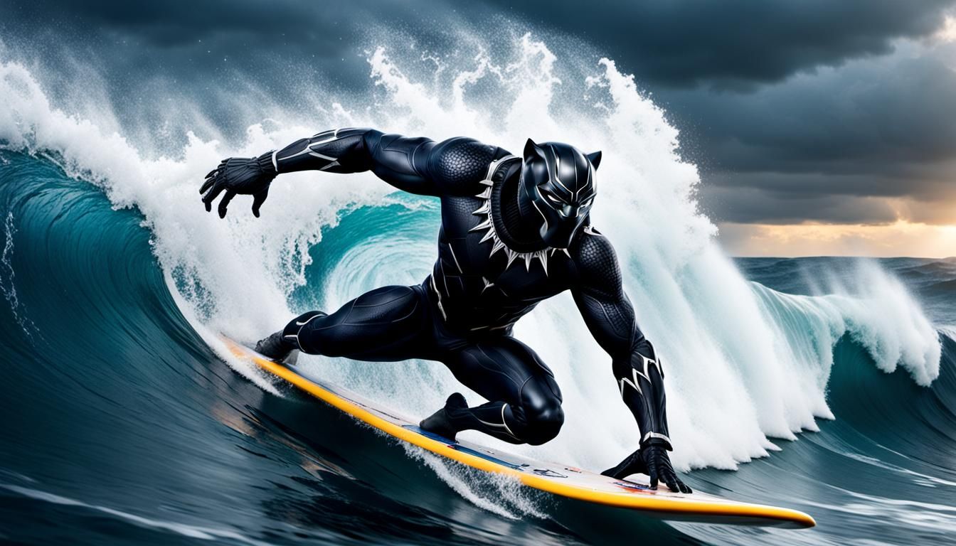 the black panther surfing a huge wave