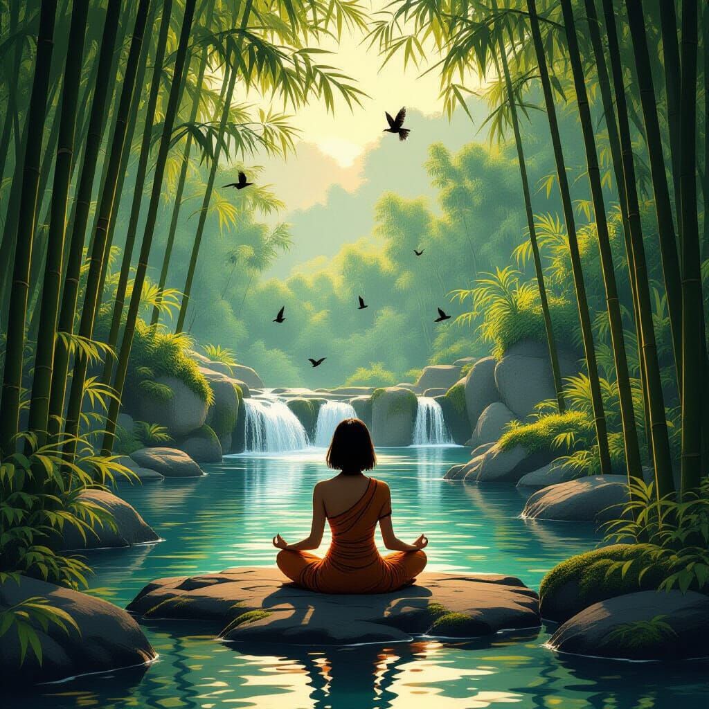 Thai Meditator in Bamboo Forest Oasis, Art Nouveau Style