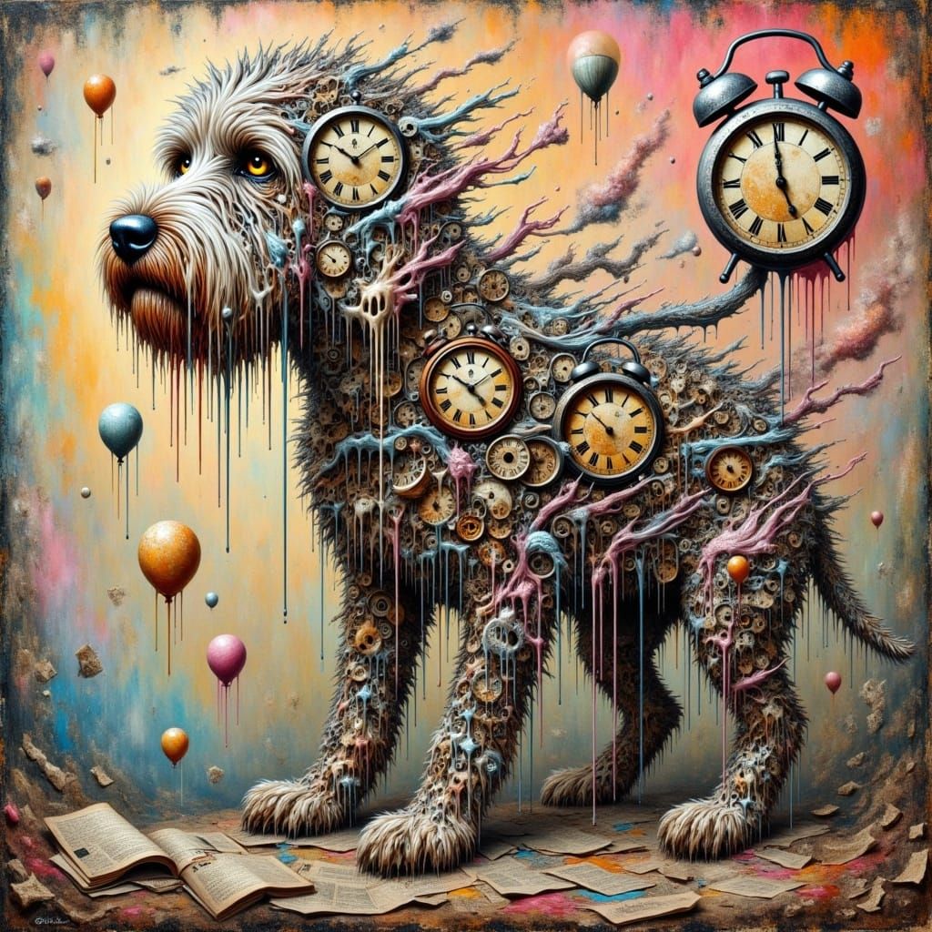 <lora:KakSurrealChaos:1.0>A surreal Labradoodle with his body made entirely of gears, melting clocks, and dripping paint, Mixed media, chaot...