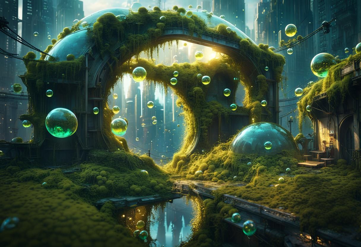 Overgrown city covered in vines and moss add a crown of bubbles and