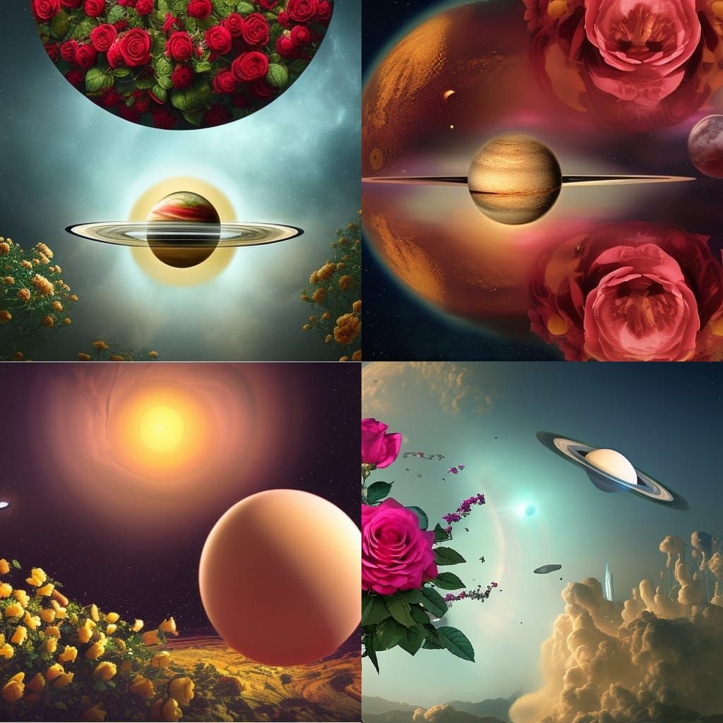 Saturn planet surrounded by roses and a golden wedding ring arrangement ...