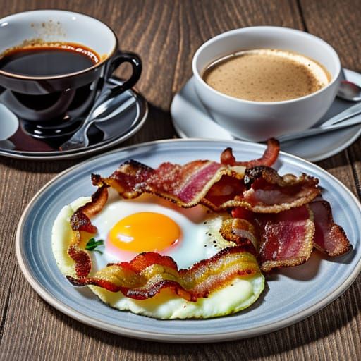 delicious fried eggs and bacon, cup of coffee, Professional photography, bokeh, natural lighting, canon ...  by @ukimalefu