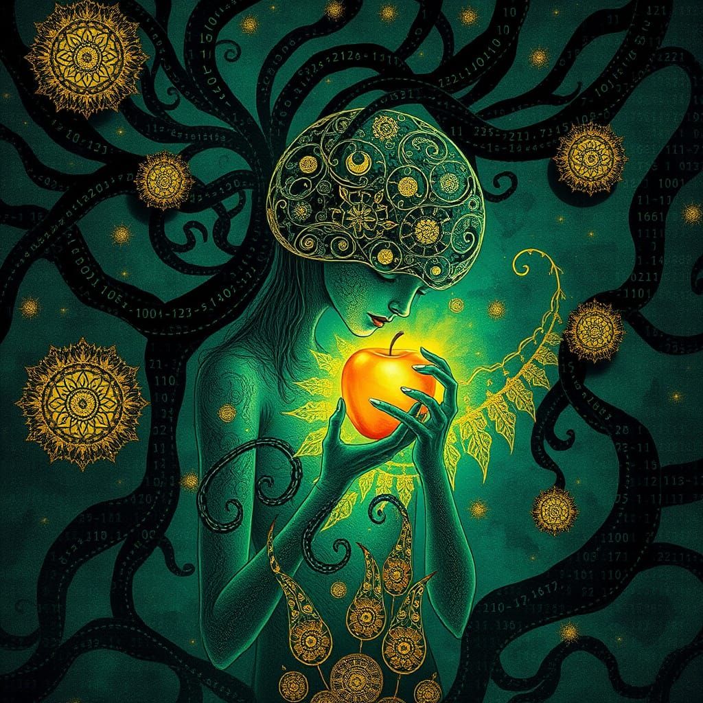 An alien holding a precious and rare apple.   by @Meredith Ellen Skye