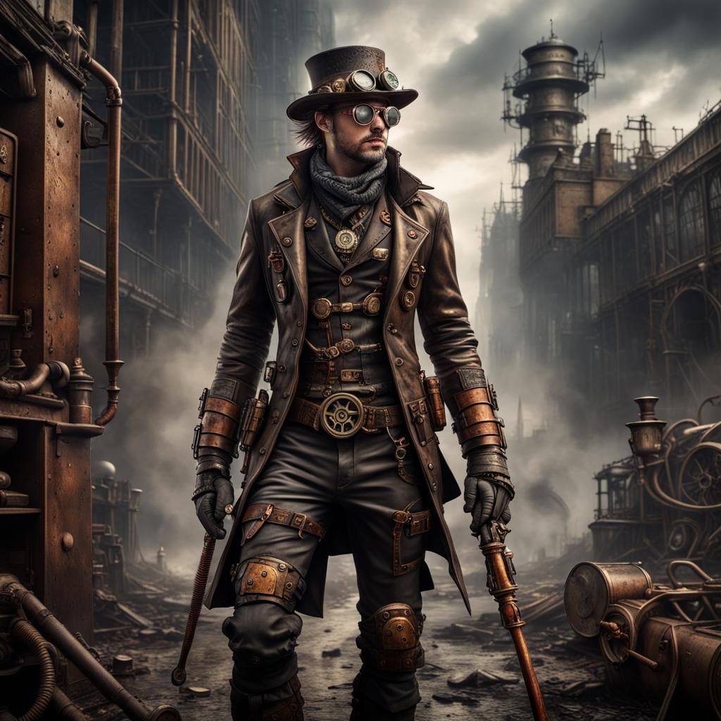 Steampunk hunter walking in a apocalyptic world - AI Generated Artwork ...