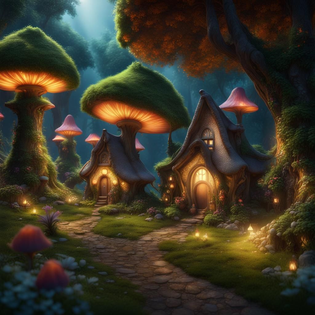 Pretty little fairy village in a magical forest ,cute fairies ...