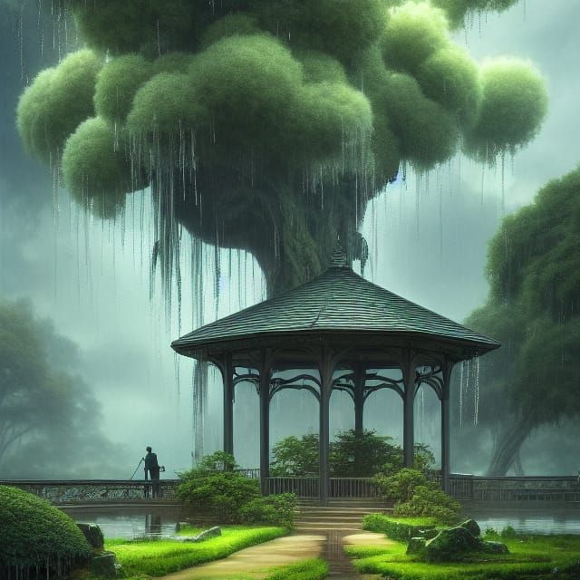 My but you slay me / in my rainy gazebo tree