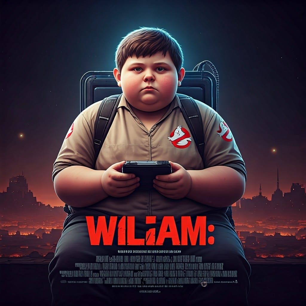 A movie poster of a of a fat 11 year old wearing a ghost busters shirt playing a video game and the title is wiliam