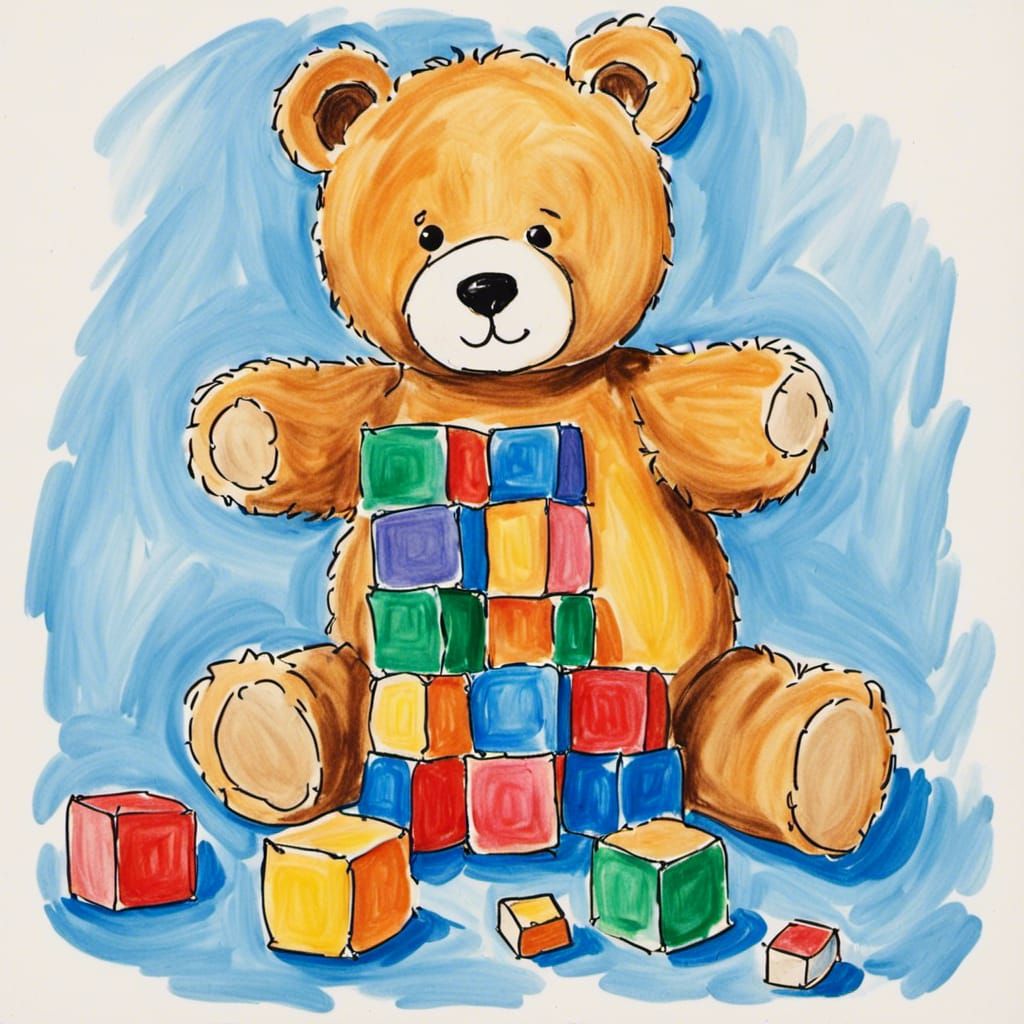<lora:Keiki:1.0>a toddler's drawing of a teddy bear playing with blocks