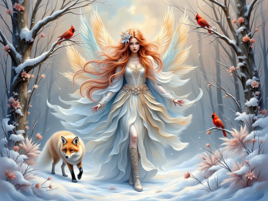 Elemental Fairy with Fiery Hair in Snowy Forest