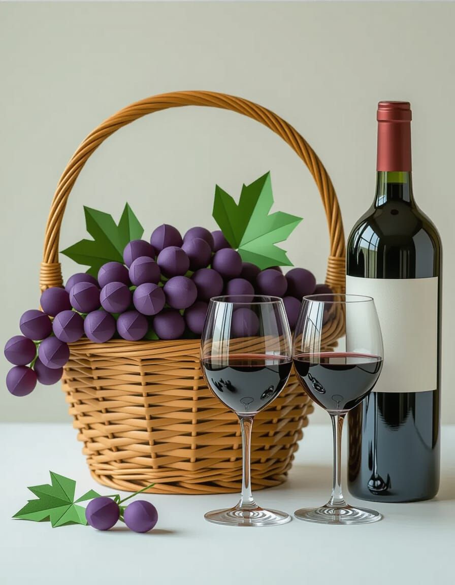 Grapes and Wine Still Life in Origami Style