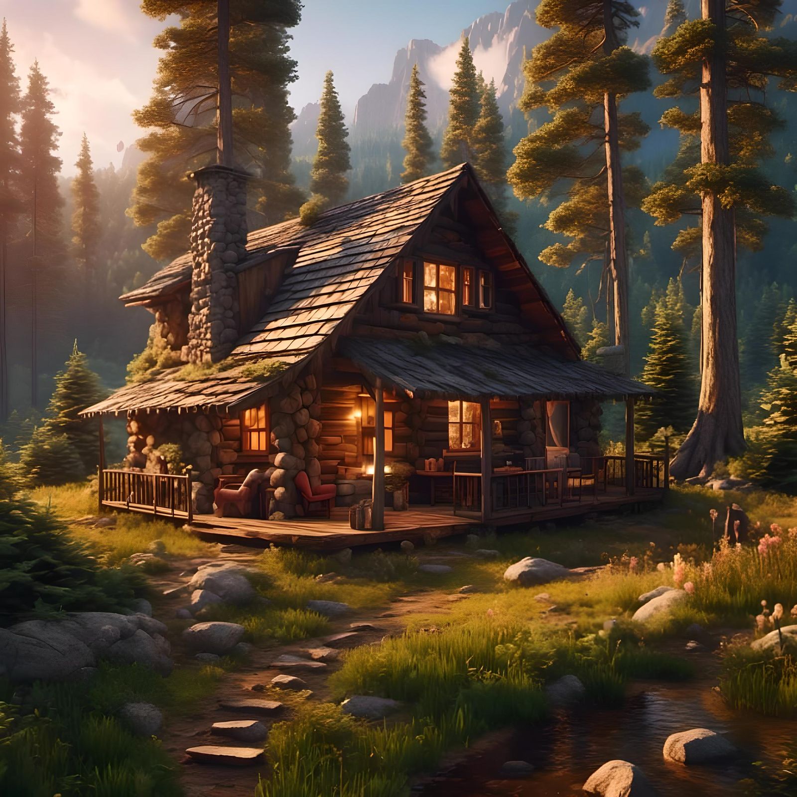<lora:Lovely Landscapes:1.0> A cozy cabin nestled in the pines 4K high definition high resolution intricately detailed extreme quality 