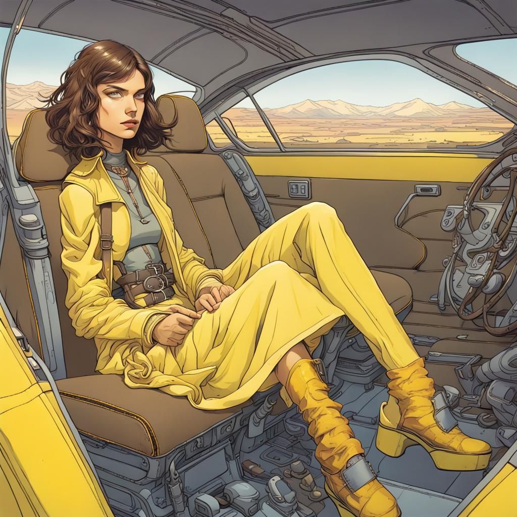 Moebius full color line art, olive skinned brown-haired girl...