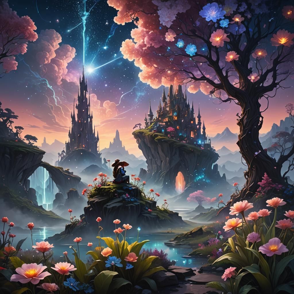 Ethereal Mystical Landscape with Shadowy Figures